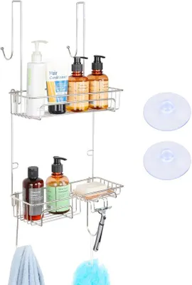 Obrázek produktu pro Uniqoos® Sprchové závěsné koše z nerezové oceli – odolné proti korozi, samolepicí, 2 koše a 4 háčky, s protiskluzovou gumovou úpravou, vhodné pro sklo do 5 cm, úsporný sprchový organizér