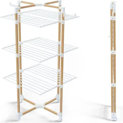 A three-tiered drying rack with wooden supports and white wire shelves, shown from the front and side.