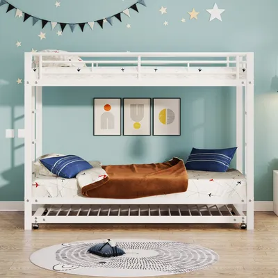 Immagine prodotto di okwish Letto a castello 90x200 cm con letto estraibile 90x190 cm e rete a doghe, letto a soppalco con protezione anticaduta (tre letti in metallo), letto a struttura in ferro per bambini con rete a doghe, bianco