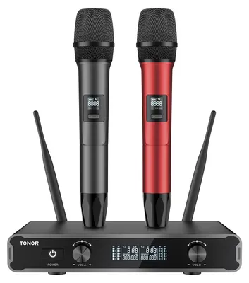 Imagen del producto de Micrófono inalámbrico dual de mano – Sistema de karaoke – Alcance de 60 metros – UHF