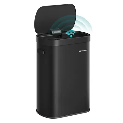 A black sensor trash can with its lid open, showing a Wi-Fi symbol and radiating waves.