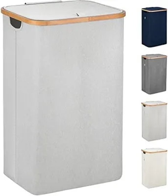 Produktbild von PolkaHome® Wäschekorb mit Deckel 100L – Stilvoller Wäschekorb mit Bambusrahmen und herausnehmbarem Wäschesack, Hellgrau