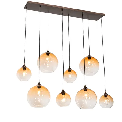 Produktbild von QAZQA - Art Deco Art-Deco-Hängelampe I Pendellampe I Pendelleuchte aus Bronze mit bernsteinfarbenem Glas, 8-flammig – Sandra I Wohnzimmer I Schlafzimmer - Länglich - LED geeignet E27
