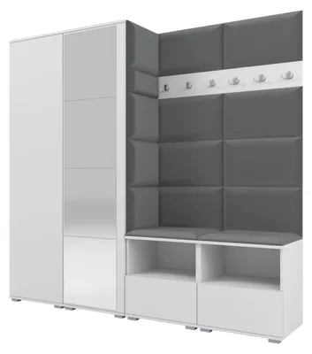 Produktbild von Garderobe NELA VI 200 cm Kompaktgarderobe Weiß mit Spiegel & Sitzpolster Dunkelgrau 15 (Schrank & Paneel)