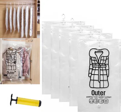 Obrázek produktu pro (5 kusů, L (67*110 cm)) Závěsný stlačitelný úložný vak, opakovaně použitelné závěsné vakuové úložné vaky, vaky na oblečení šetřící místo