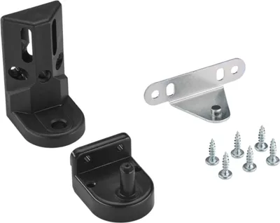 A collection of hardware components for mounting, including black plastic brackets and silver screws, arranged on a white background.