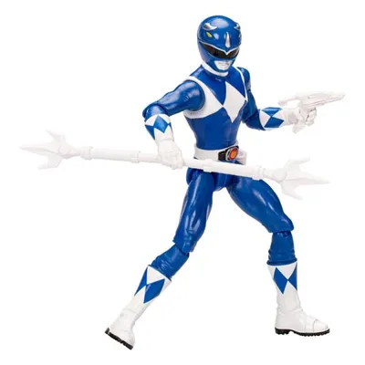 A blue Power Ranger action figure holding a staff and a blaster.