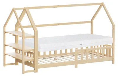 Produktbild von ML-Design Kinderbett 90x200cm mit Matratze H:16 Regal Rausfallschutz Dach & Lattenrost Montessori Bodenbett Kiefernholz Hausbett für Mädchen & Jungen