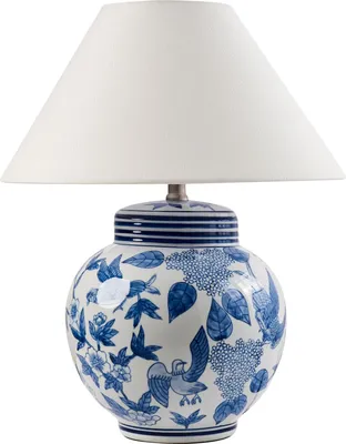 Zdjęcie produktu dla BELIANI Lampa stołowa biała z niebieskim porcelanowa podstawa lniany materiałowy klosz z kwiecistym wzorem oświetlenie stylowa