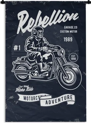 Produktbild von MuchoWow® Wandteppich Wandbehang Motorrad - Skelett - Retro - Zitat 60x90 cm Tapisserie Dekoration Wandtuch - Foto-Teppich - Abwaschbar