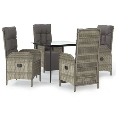 A set of outdoor dining furniture, including a table and four chairs, arranged on a white background.