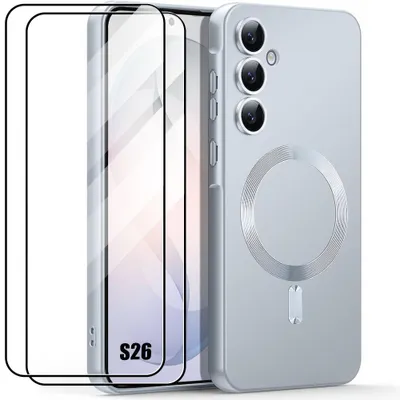 Image de Coque + 2 Verres Trempés pour Samsung Galaxy S26, Protection Silicone Slim Anti-Rayures avec Cercle Magnétique - Argenté
