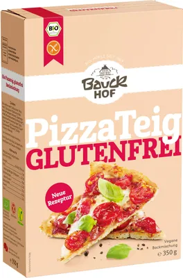Produktbild von Bauck Mühle Pizzateig Glutenfrei glutenfrei 350 g, Vegan pizza, 1. Den Backofen auf 225 °C vorheizen (Gas: Stufe 4, Umluft 190 °C ). 2. Packungsinhalt in eine..., 339 kcal, 1436 kJ, 0,7 g, 3,5 g