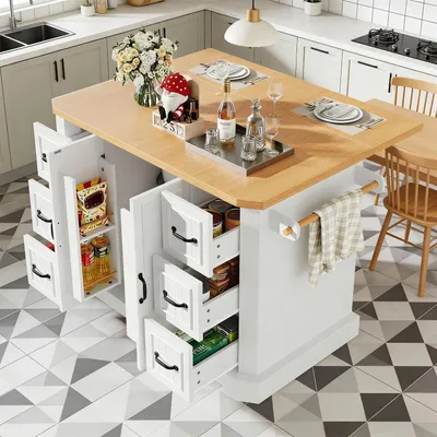 Immagine prodotto di Carrello da cucina con ruote, mobile multifunzionale con piano di lavoro estraibile, 2 ante, 6 cassetti, portasciugamani, colore bianco, dimensioni 120x45x91 cm