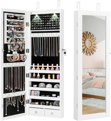Produktbild von Schmuckschrank hängend, Spiegelschrank mit 2 Schubladen & 2 LEDs & Schloss, Schmuckorganizer für Ohrringe & Armband & Kette & Ringe & Kosmetik, Tür- & Wandmontage (Weiß)
