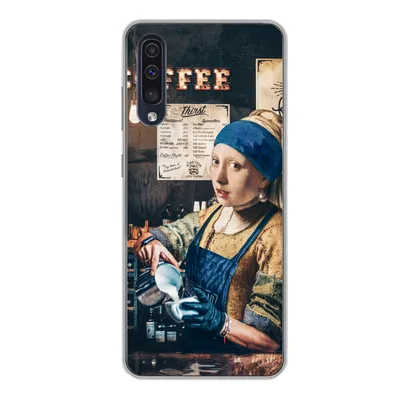 Produktbild von MuchoWow® Handyhülle Schutzhülle Hülle für Samsung Galaxy A50 Mädchen mit Perlenohrring - Cappuccino - Barista - Vermeer - Kaffee - Gemälde Silikon Softcase Handy Hülle - Mobiltelefonhülle
