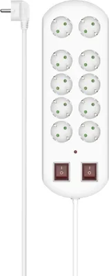 A white power strip with ten outlets and two red switches, shown against a white background.