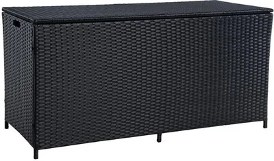 A black polyrattan storage box with a lid, shown from the front on a white background.