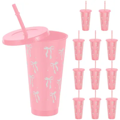 Imagen del producto de Solidchoice - Juego de 12 vasos de plástico con tapa y pajita, 710 ml