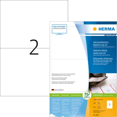 Zdjęcie produktu dla HERMA 8691, Biały, Papier, Laser/Atrament, Matowy, Na stałe, Prostokąt