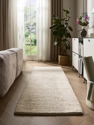 Wollteppich Perlen, handgewebt, 80x250 cm, beige