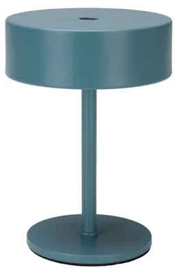 Tischlampe Mini Vintage Indigo kabellos mit Touch-Dimmer, Gesamtansicht mit rundem blauem Schirm und zylindrischem Ständer.
