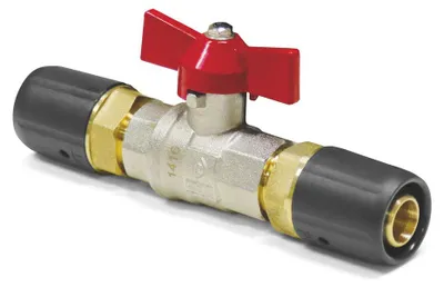 Produktbild von Sanpro Steckfitting - Kugelhahn + rotem Flügelgriff (Heizung), Größe 16x2