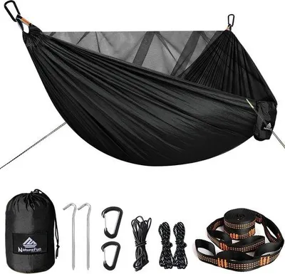 Obrázek produktu pro Houpací síť z padákového materiálu, 290 x 140 cm, nosnost 300 kg, prodyšná, rychle schnoucí, nylon, kompletní příslušenství, snadná montáž