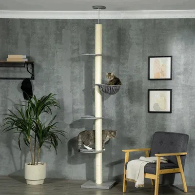 Zdjęcie produktu dla Kratzownik z drapakiem, wysokość 230-250 cm | Kolor: Szary + kremowy | Wymiary: 40x40x230-250 cm
