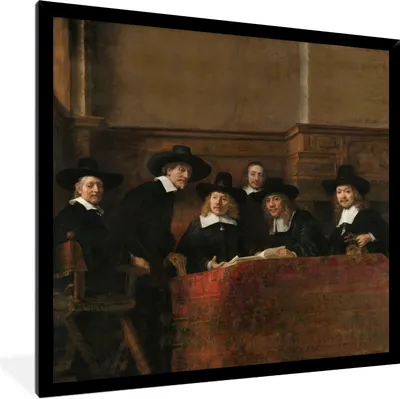 Produktbild von MuchoWow® Gerahmtes Poster Die Stahlmeister - Gemälde von Rembrandt van Rijn 40x40 cm - Poster mit Schwarzem Bilderrahmen Wandposter Rahmen Foto Bilder - Mit Rahmen - Wanddekoration Schlafzimmer
