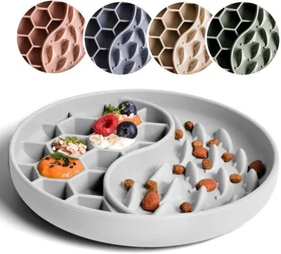 Produktbild von Langsamen Fressen für Hunde und Katzen | Slow Feeder | Hunde mit Großem Rasterteller | Katzen Futter für Nass- und Trockenfutter (Stein Grau)