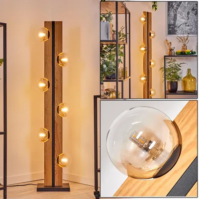 Produktbild von Isorella Stehlampe aus Holz/Metall/Glas in Natur/Schwarz/Bernsteinfarben/Klar