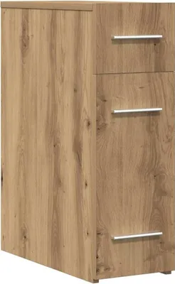 A close-up, front-facing view of a wooden apothecary cabinet with three drawers.