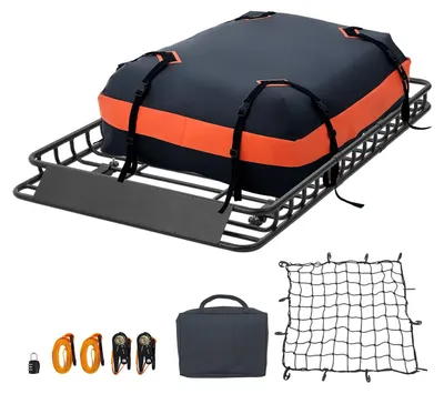 Imagen del producto de Cesta de carga para techo, 1371 x 864 x 102 mm, cesta de carga resistente para techo con bolsa impermeable, red de carga, correas de sujeción y una capacidad de 90,72 kg. Portaequipajes universal para coches, SUV y camionetas