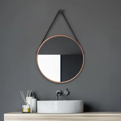 Produktbild von Wandspiegel rund Talos Copper Style Matt Ø 50 cm – Badspiegel mit Aufhängegurt in Lederoptik – hochwertiger umlaufender Aluminiumrahmen in kupferfarben – Badezimmerspiegel