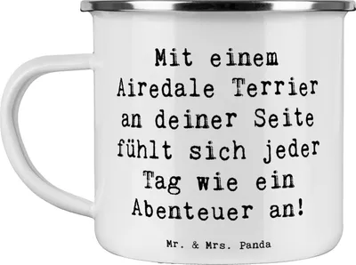 Produktbild von Mr. & Mrs. Panda Tasse Emaille Spruch Airedale Terrier Abenteuer - Weiß - Geschenk, Hundepflege, Familienhund, hundeerziehung, Hunderassen Charakter, Becher, Pflege, Pott