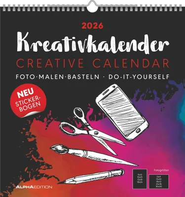Produktbild von Alpha Edition - Kreativ-Kalender XL schwarz 2026 - Bastelkalender 32×33 cm mit weißer Schrift, Foto-, Mal- & Bastelkalender zum Selbstgestalten, DIY-Geschenk für Familie & Freunde, inkl. Stickerbogen
