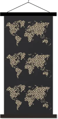 Produktbild von MuchoWow® Textilposter Weltkarte - Pantherdruck - Muster 60x120 cm mit schwarzem Rahmen - Magnete