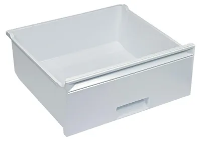 A white plastic drawer, possibly for a refrigerator or freezer.