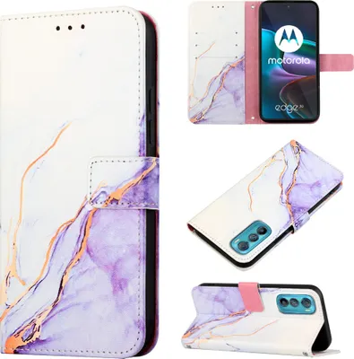 Produktbild von Motorola Edge 30 Hülle, Marmor Motiv Kunstleder Tasche Wallet Kartenfächer mit Standfunktion Klapp Schutzhülle für Motorola Edge 30 Weiß Lila