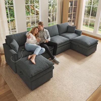 Imagen del producto de Sofá de esquina en forma de U, sofá modular de 6 plazas con 2 otomanas, espacio de almacenamiento y puertos USB, dimensiones: 277x135x80 cm, color gris