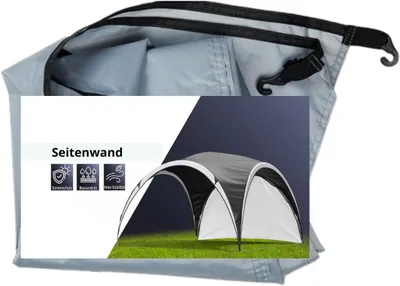 A partially unrolled tent side wall with a graphic overlay showing a gazebo and feature icons.