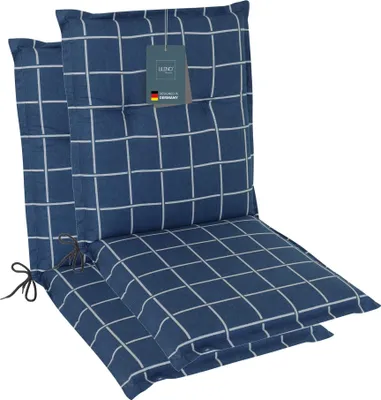Produktbild von LILENO HOME Gartenstuhl Auflagen als [2er Set - Niedriglehner] in Yacht-Karo Dunkelblau - bequeme Liegen als Sitzauflagen für Gartenmöbel - Stuhlkissen für Gartenstühle und Klappstühle