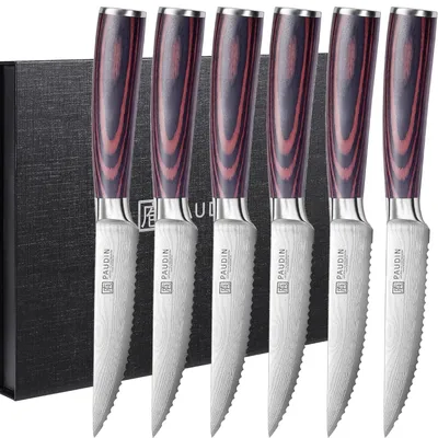 Produktbild von Steakmesser 6-teiliges Set hochwertiger deutscher Edelstahl Steak Messer ultrascharfe gezackte Klinge und ergonomischer Holzgriff mit Geschenkbox