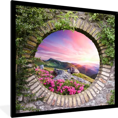 Produktbild von MuchoWow® Gerahmtes Poster Landschaft - Blumen - Aussicht - Berg 40x40 cm - Poster mit Schwarzem Bilderrahmen Wandposter Rahmen Foto Bilder - Mit Rahmen - Wanddekoration Schlafzimmer
