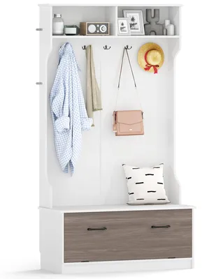 Produktbild von COSTWAY Garderobenständer, Kleiderständer mit Ablage, Schuhregal, 2 Fächern & 5 Haken, Garderobenschrank für Flur, Wohnzimmer, 100 x 40 x 180 cm, Weiß