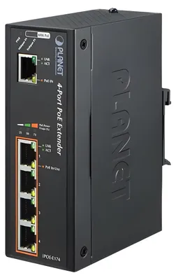 Produktbild von PLANET Gigabit PoE Extender, 60 Watt 1-port ultra PoE to 4-port, 802.3af/at, Netzwerksender, 200 m, 10,1000,100 Mbit/s, 2000 Eintragungen, 10/100/1000, Blau