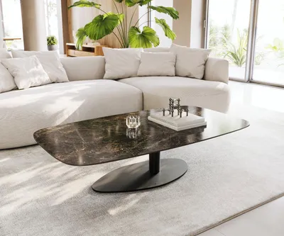 Produktbild von DELIFE Couchtisch Edge Boot 140x80 cm Keramik Emperador Extra Lucidato Dunkelbraun Vibany Metall Schwarz