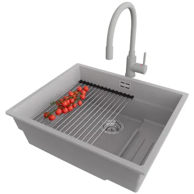 Produktbild von PRIMAGRAN Granitspüle Grau 56x47cm, Spülbecken 1 Becken + Küchenarmatur 38x14cm + Ablauf-Set + Küchenzubehörset, Küchenspüle ab 60er Unterschrank - Praga Slim