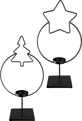 Zdjęcie produktu dla Gilde Teelichtleuchter, rund, "Stern & Baum", Sternmotiv, Tannenbaummotiv, Metall, schwarz, L. 12.5 cm, B. 24.5 cm, H. 44.5 cm 27990 4063387279908 2 Stück (2-fach sortiert)
